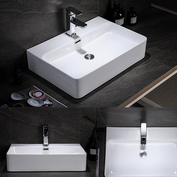 Contemporary Vessel Bathroom Sink Rectangular White Ceramic Overflow Drain Assembly Sink
