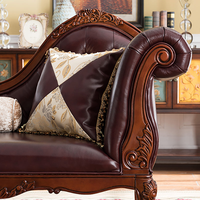 Traditional Dark Brown Genuine Leather Chaise Rolled Arms Tufted Accent Chair