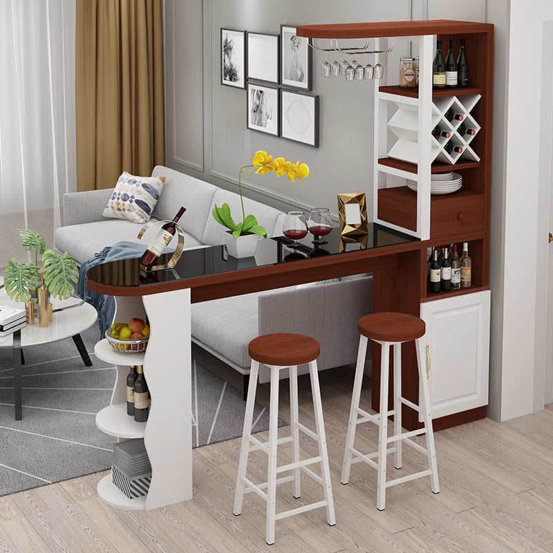 Modern Glass Bar Table Artificial Wood Base with Wine Cabinet for Balcony