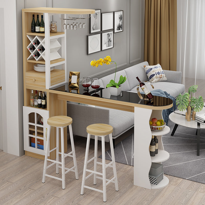 Modern Glass Bar Table Artificial Wood Base with Wine Cabinet for Balcony