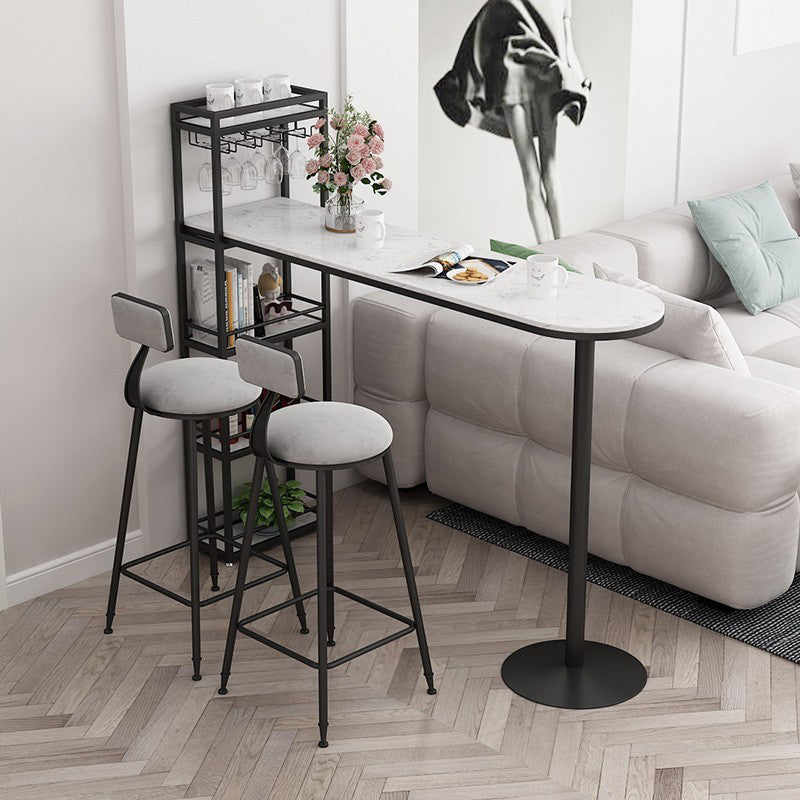 Glam Stone Bar Table Metal Base with Wine Rack for Living Room