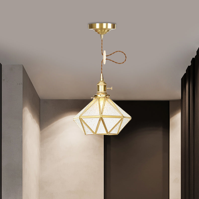 1 Head Pendant Light Traditional Bedside Suspension Lamp with Diamond Clear Water Glass Shade in Gold