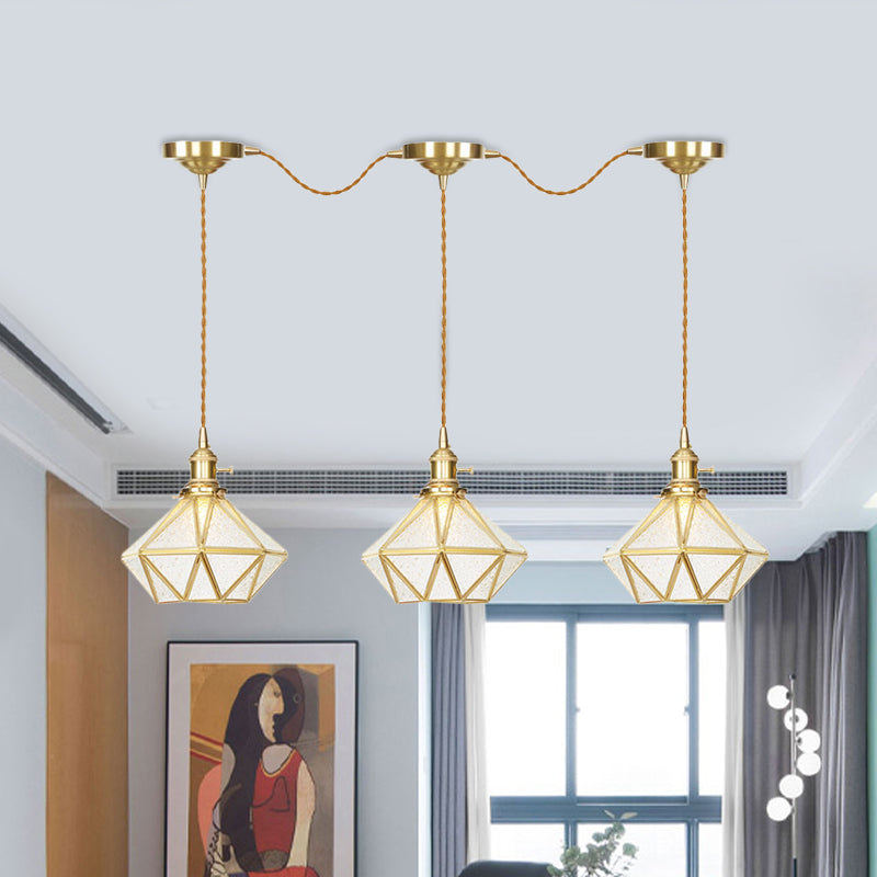 Traditional Diamond Multi Light Pendant 3/5/7-Light Clear Water Glass Suspension Lamp in Gold with Series Connection Design