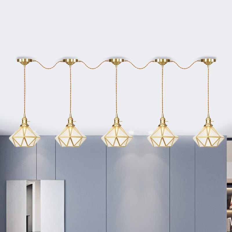 Traditional Diamond Multi Light Pendant 3/5/7-Light Clear Water Glass Suspension Lamp in Gold with Series Connection Design