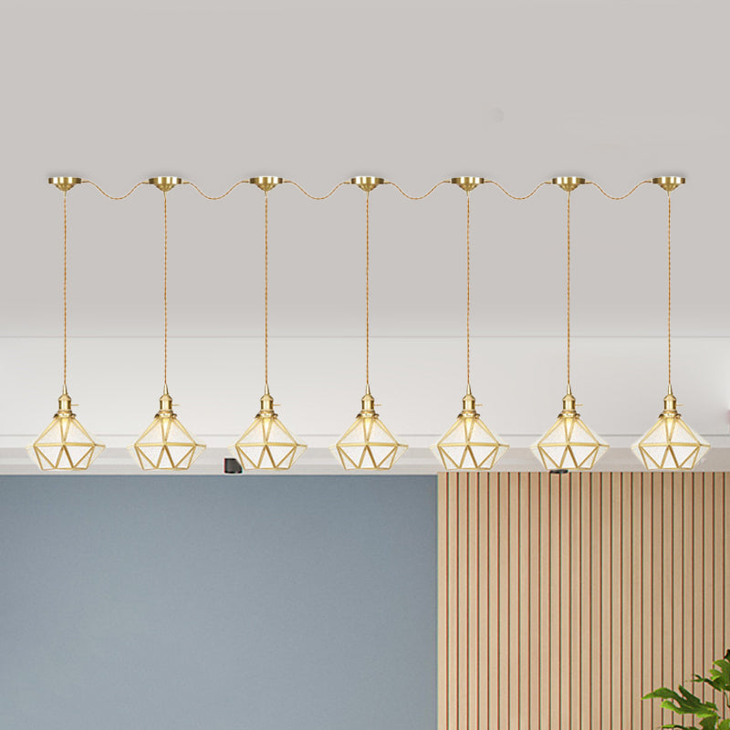 Traditional Diamond Multi Light Pendant 3/5/7-Light Clear Water Glass Suspension Lamp in Gold with Series Connection Design