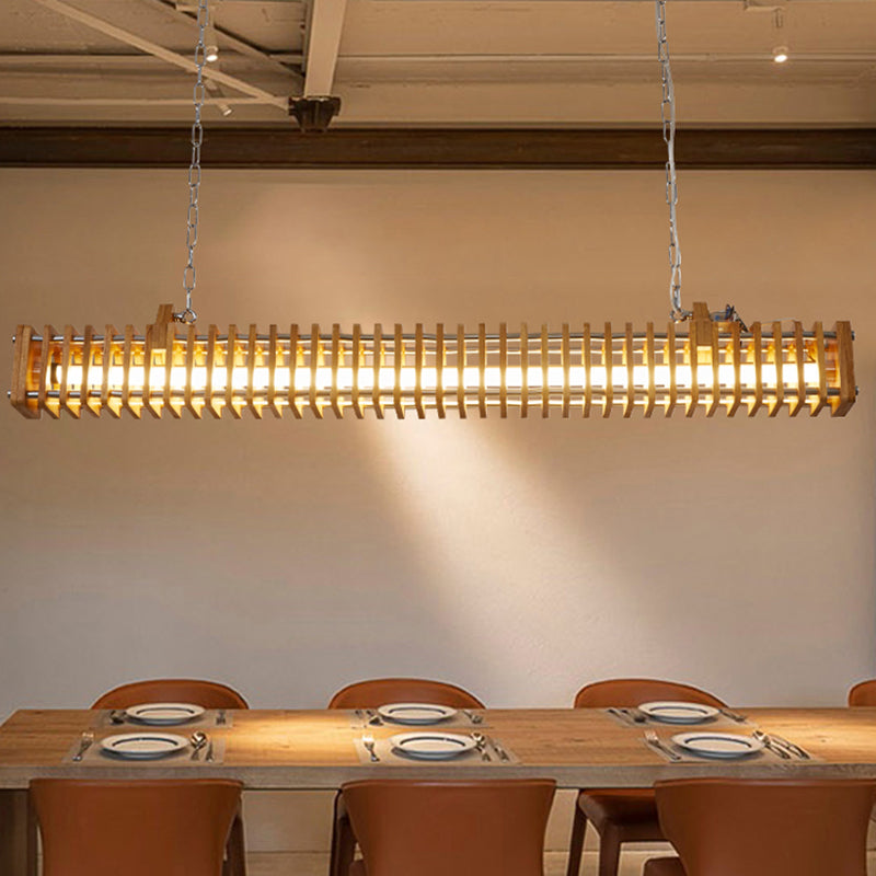 Modern Metal Ceiling Light Rectangle Shape Island Light with Wood Shade for Living Room