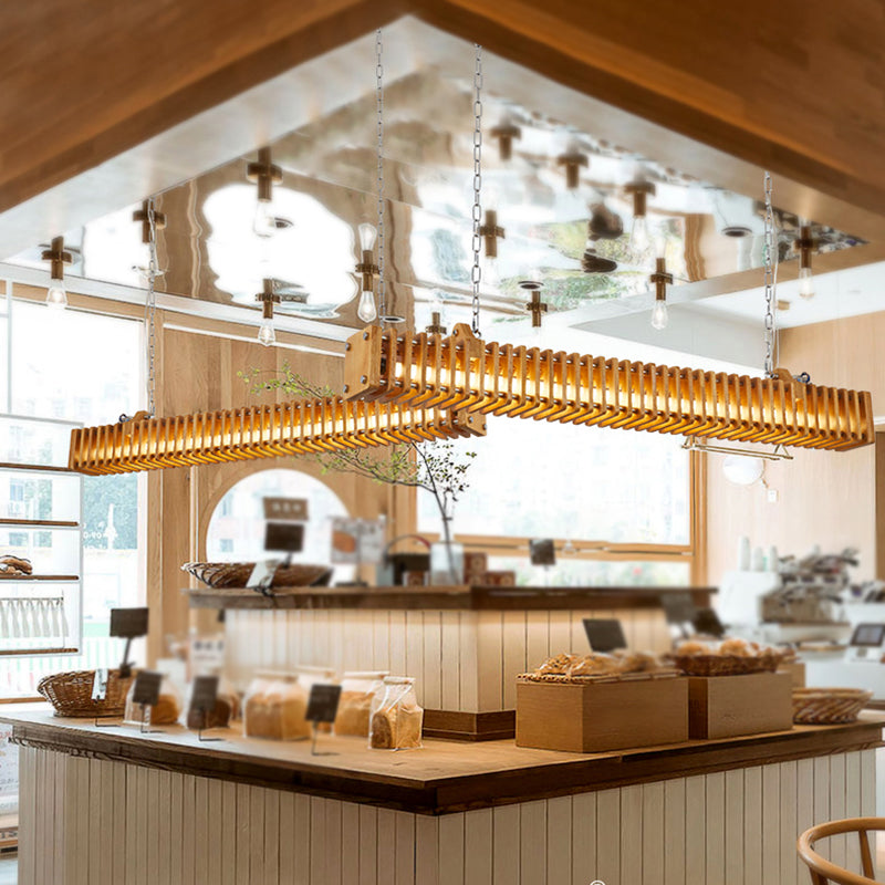 Modern Metal Ceiling Light Rectangle Shape Island Light with Wood Shade for Living Room