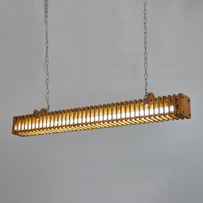 Modern Metal Ceiling Light Rectangle Shape Island Light with Wood Shade for Living Room