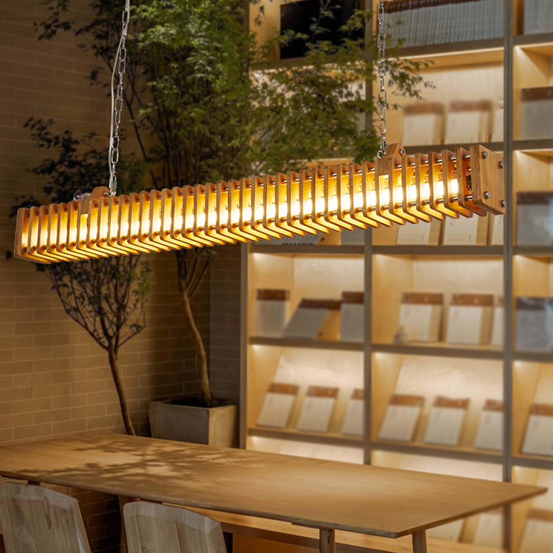 Modern Metal Ceiling Light Rectangle Shape Island Light with Wood Shade for Living Room