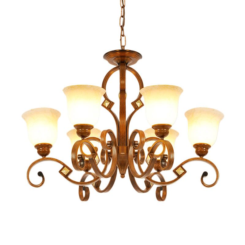 Braccio curvo per camera da letto lampadario in metallo rurale 6 lampadine bulbi brown sospeso con tonalità di vetro opale a campana
