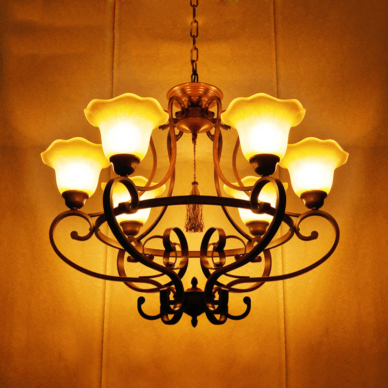 Brown 6 luci appesi lampadario tradizionale vetro smerigliato a sospensione a sospensione con braccio sinuoso