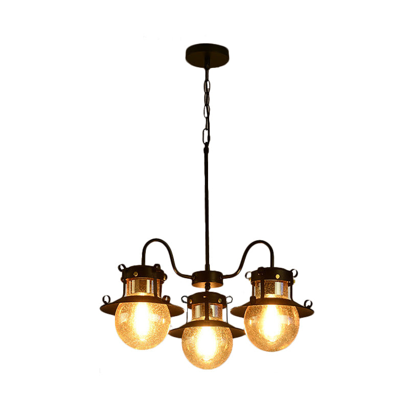 Lampadario a ruota nera classica classica metallica 3/6/8 testa soggiorno lampada a sospensione con tonalità in vetro trasparente globo