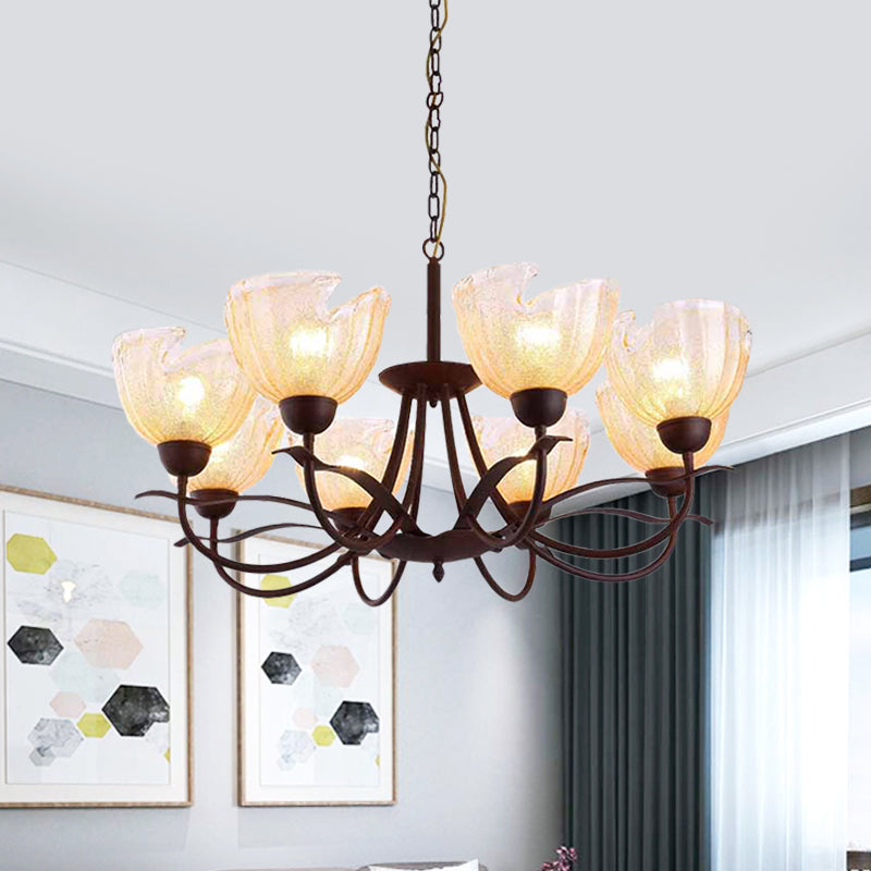 Yellow Water Glass Black Chandelier Light Bowl 8 Lights Countryside Hanging Pendant with Swirl Arm