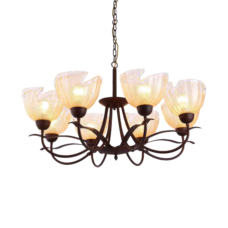 Yellow Water Glass Black Chandelier Light Bowl 8 Lights Countryside Hanging Pendant with Swirl Arm