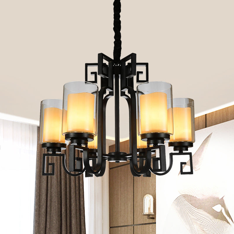 Lampada del lampadario cilindri rurali 6 luci a soffitto in vetro trasparente in nero con braccio attorcigliato