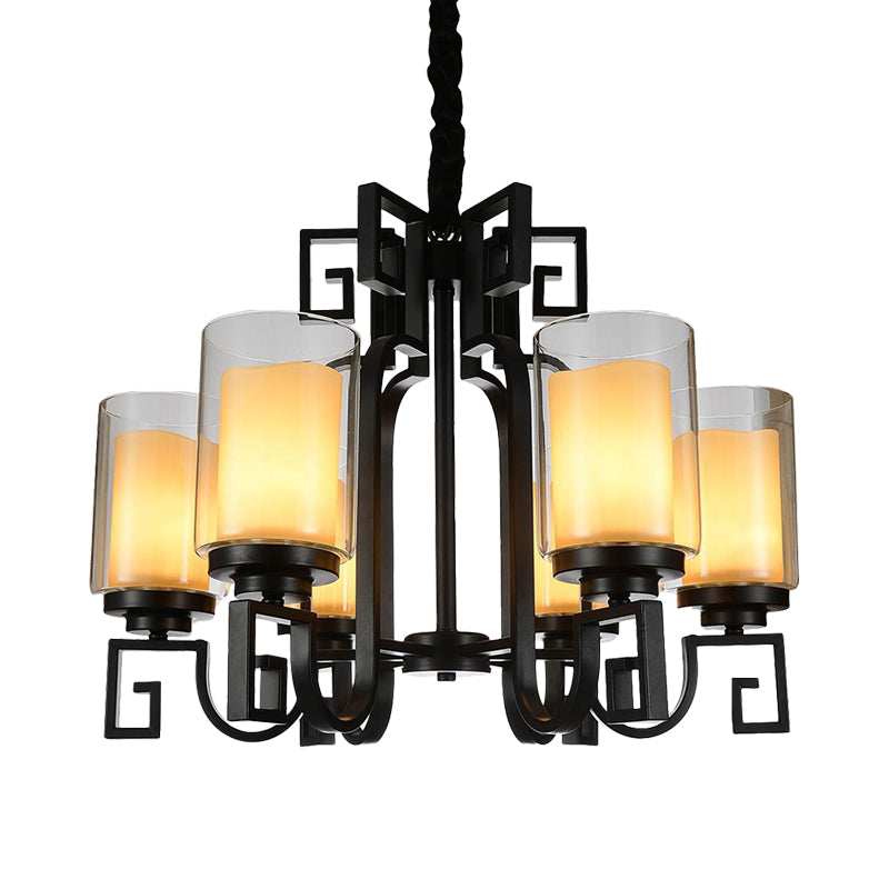 Lampada del lampadario cilindri rurali 6 luci a soffitto in vetro trasparente in nero con braccio attorcigliato