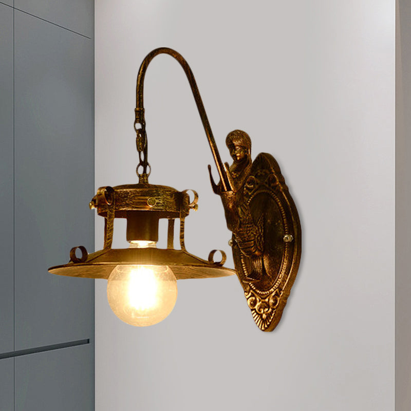 1 Light Wall Lighting Country Stair Sconce Lamp with Wide Flare Metal Shade in Brass