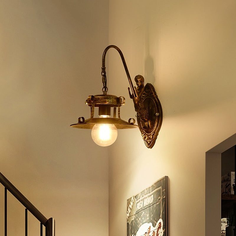 1 Light Wall Lighting Country Stair Sconce Lamp with Wide Flare Metal Shade in Brass