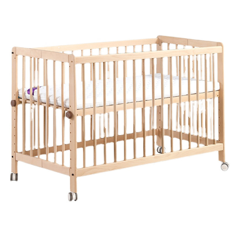 2-in-1 Folding Wooden Crib Natural Baby Crib with Mattress and Casters
