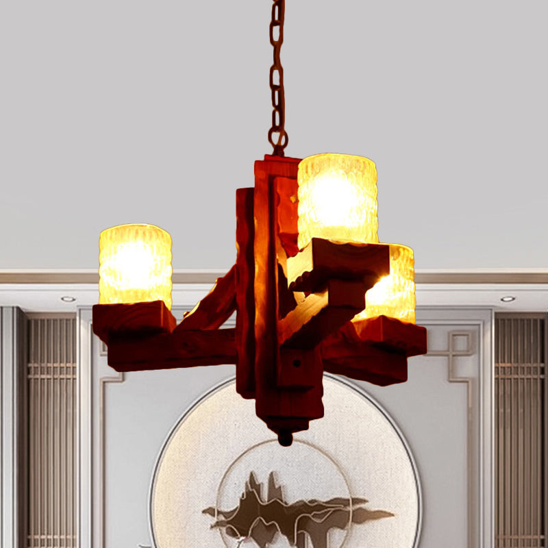 Cilindro sala da pranzo il lampadario a pendente lampadario rustico in vetro spremuto a 3 luci illuminazione a sospensione marrone con braccio in legno