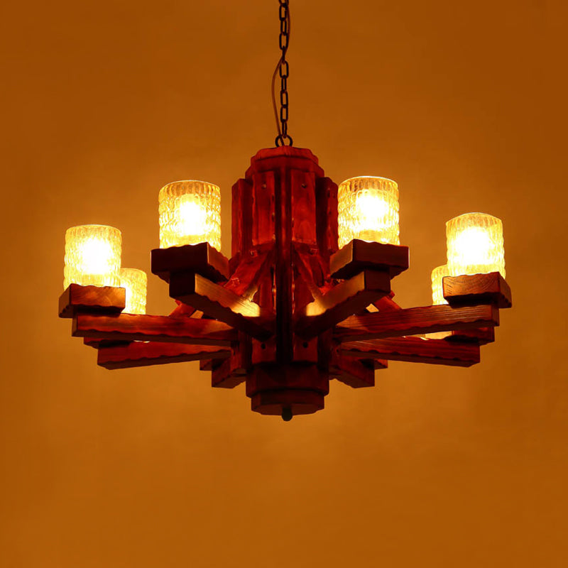 Brown Sputnik Hanging Chandelier Rustic Wood 8 Lights Living Room Ceiling Fixture with Cylinder Dimpled Glass Shade