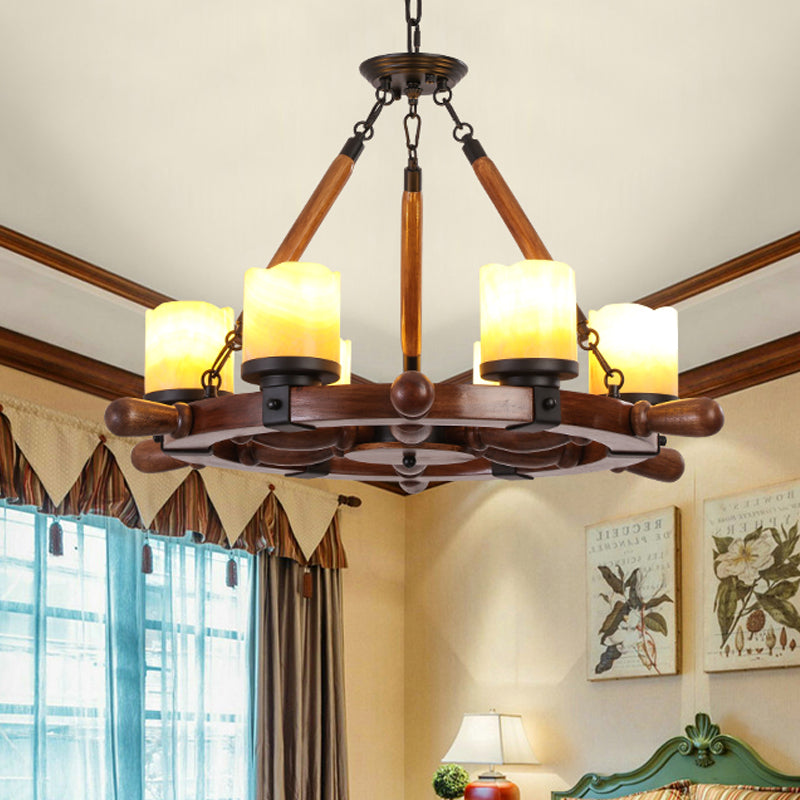 Marble/Clear Glass Brown Chandelier Cylinder 6/8 Lights Traditional Rope Pendant Lamp with Wood Rudder Design