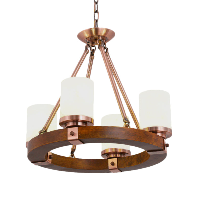 Classic Cylinder Chandelier Light 6/8/10 Heads Marble Ceiling Pendant in Brown with Wood Circular Design