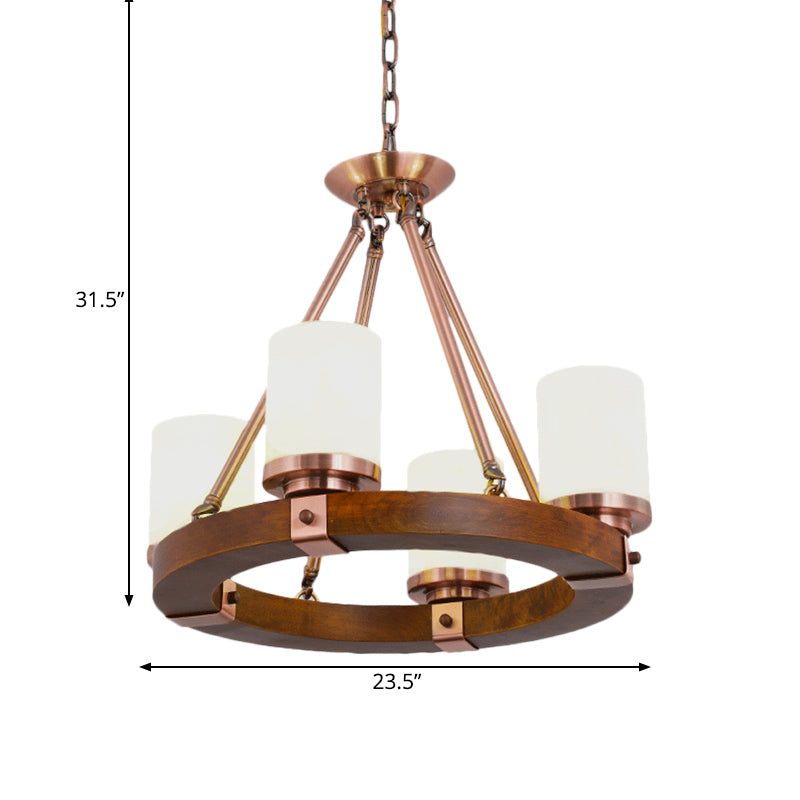 Classic Cylinder Chandelier Light 6/8/10 Heads Marble Ceiling Pendant in Brown with Wood Circular Design