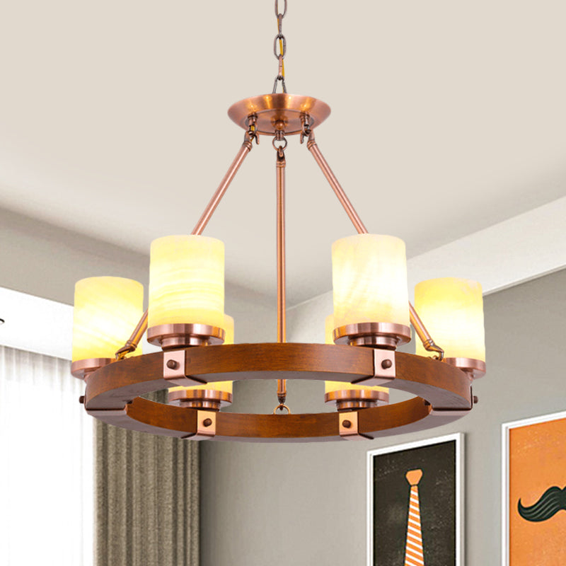 Classic Cylinder Chandelier Light 6/8/10 Heads Marble Ceiling Pendant in Brown with Wood Circular Design