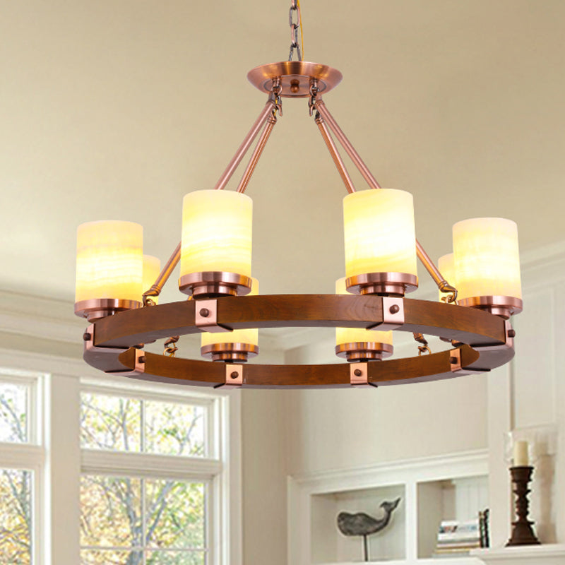 Classic Cylinder Chandelier Light 6/8/10 Heads Marble Ceiling Pendant in Brown with Wood Circular Design