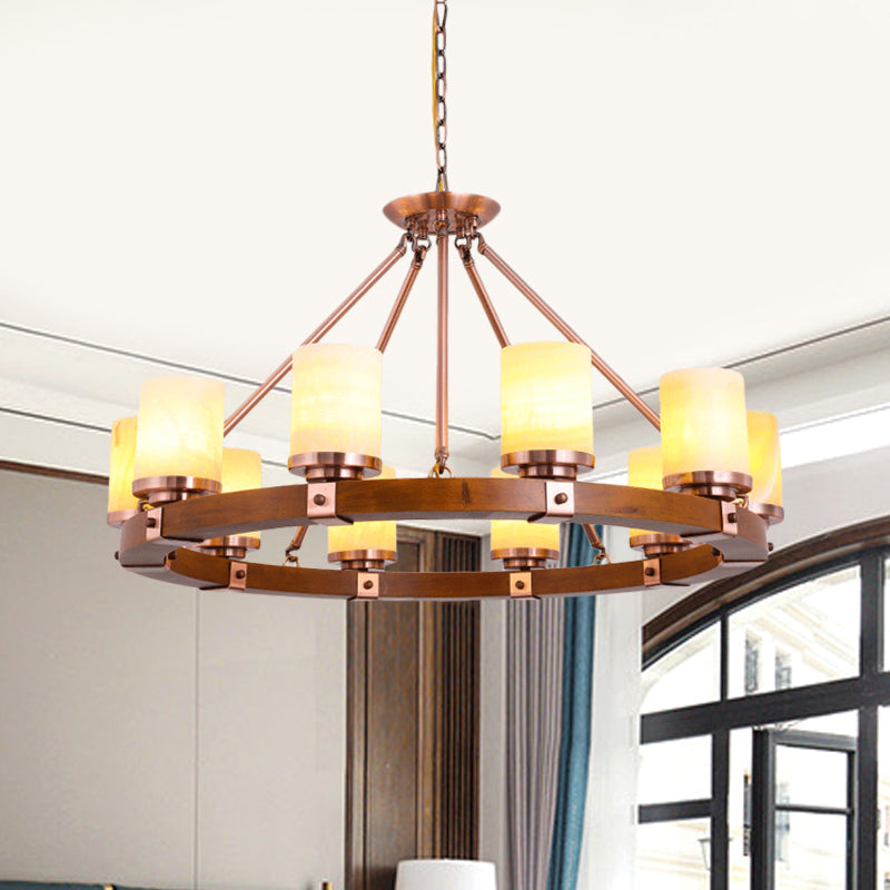 Classic Cylinder Chandelier Light 6/8/10 Heads Marble Ceiling Pendant in Brown with Wood Circular Design