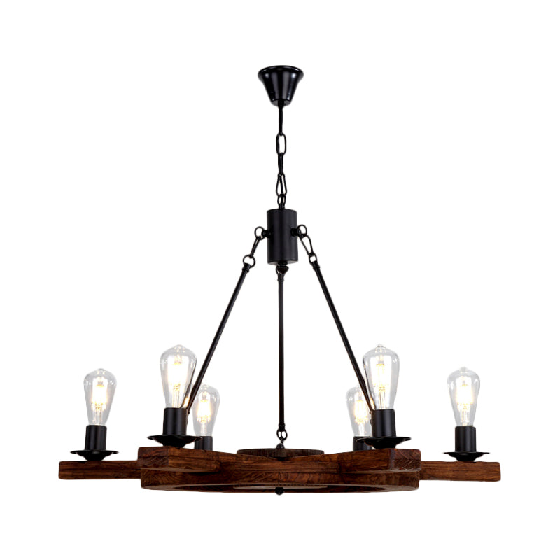 6 luci timesatore di lampadario di lampadario Country Brawn Legno Apparecchiatura a soffitto con design a bulbo nudo per camera da letto