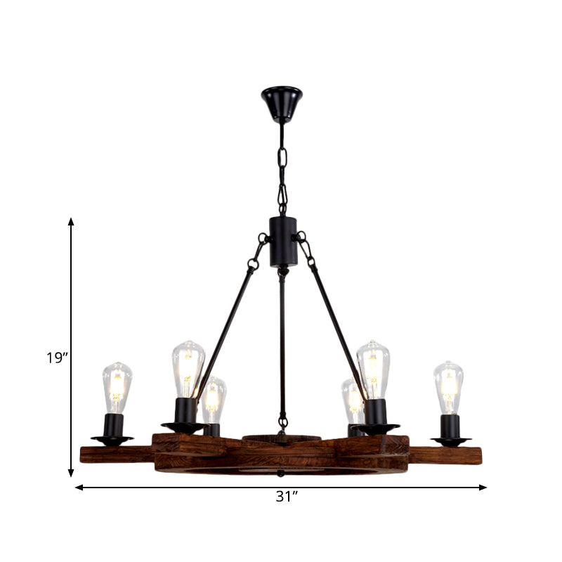 6 luci timesatore di lampadario di lampadario Country Brawn Legno Apparecchiatura a soffitto con design a bulbo nudo per camera da letto