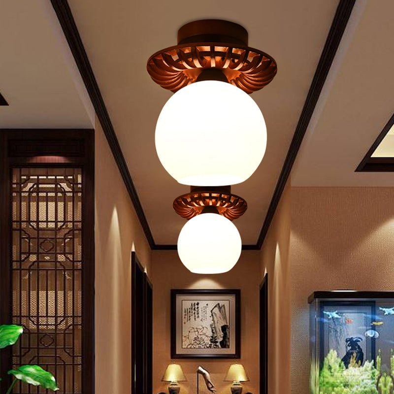 Brown Globe/Square Flush Mount Countryside Cream Glass 1 Head Corridor Flush Ceiling Light with Wood Frame