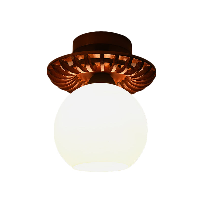 Brown Globe/Square Flush Mount Countryside Creme Glas 1 Kopf Korridor Flush Deckenleuchte mit Holzrahmen