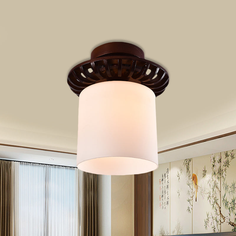 Brown Globe/Square Flush Mount Countryside Cream Glass 1 Head Corridor Flush Ceiling Light with Wood Frame