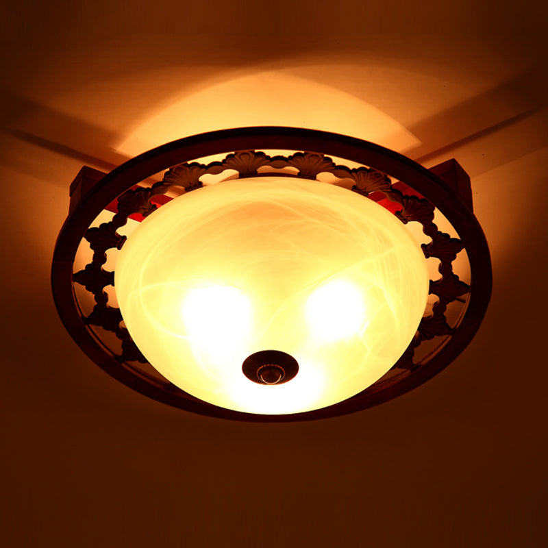 3-Light Frosted Glass Flush Mount Lighting Rustic Brown Domed Bedroom Close to Ceiling Lamp with Round Wood Design