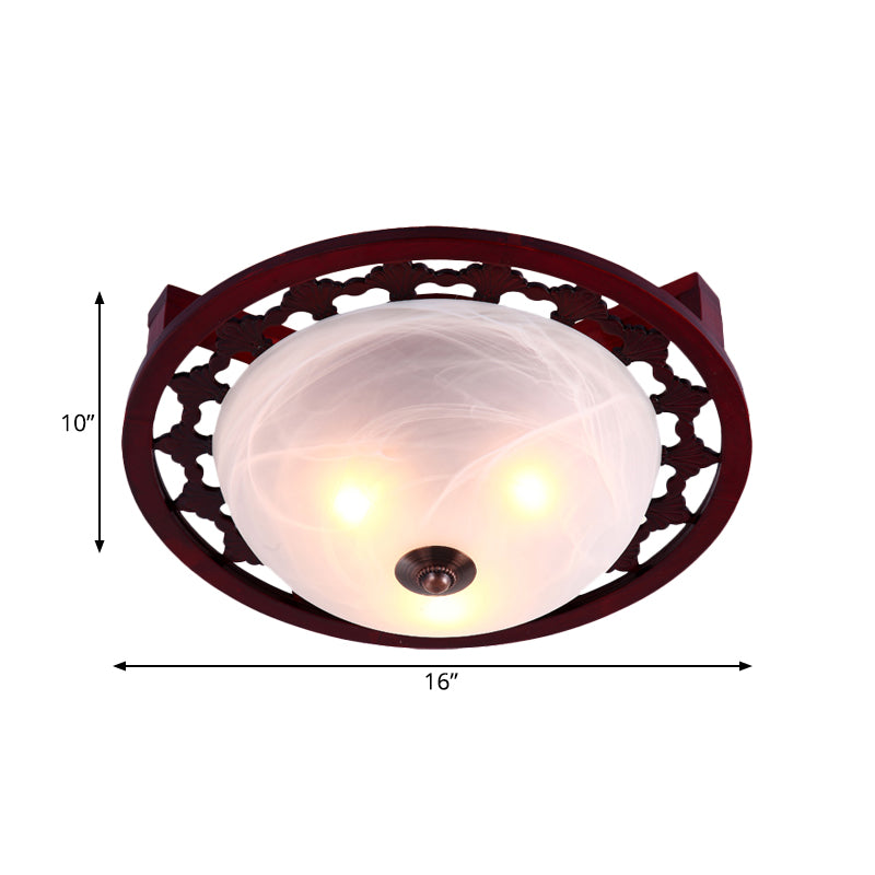 3-Light Frosted Glass Flush Mount Lighting Rustic Brown Domed Bedroom Close to Ceiling Lamp with Round Wood Design