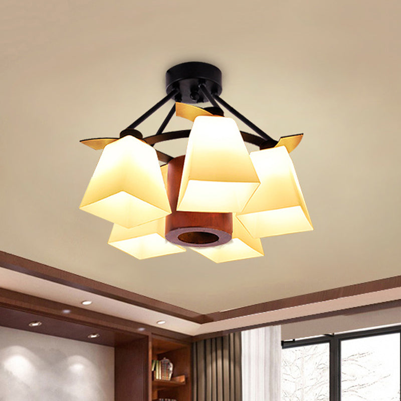 Traditional Trapezoid Semi Flush 3/5 Lights White Glass Ceiling Lamp with Wood Cylinder Shade