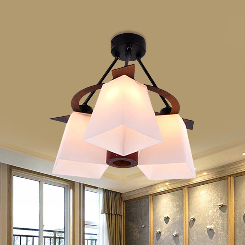 Traditional Trapezoid Semi Flush 3/5 Lights White Glass Ceiling Lamp with Wood Cylinder Shade