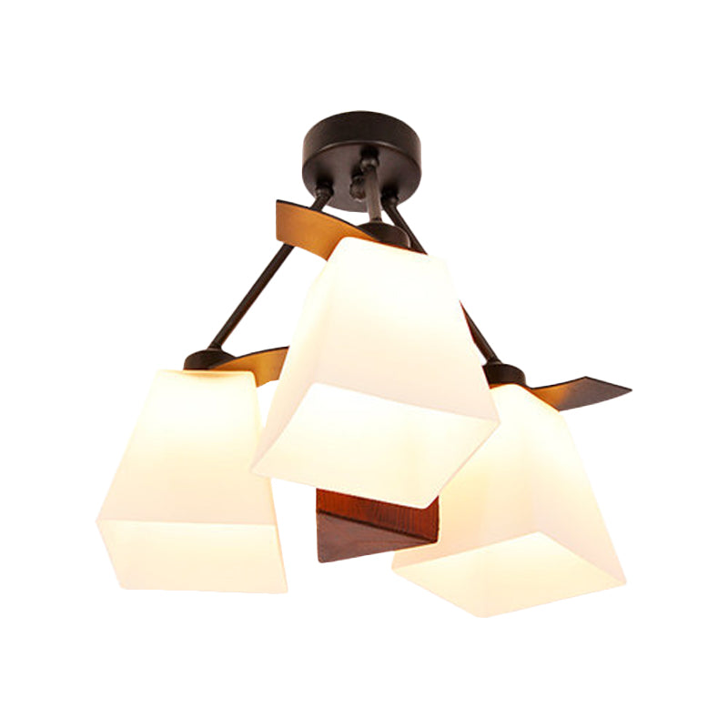 Traditional Trapezoid Semi Flush 3/5 Lights White Glass Ceiling Lamp with Wood Cylinder Shade