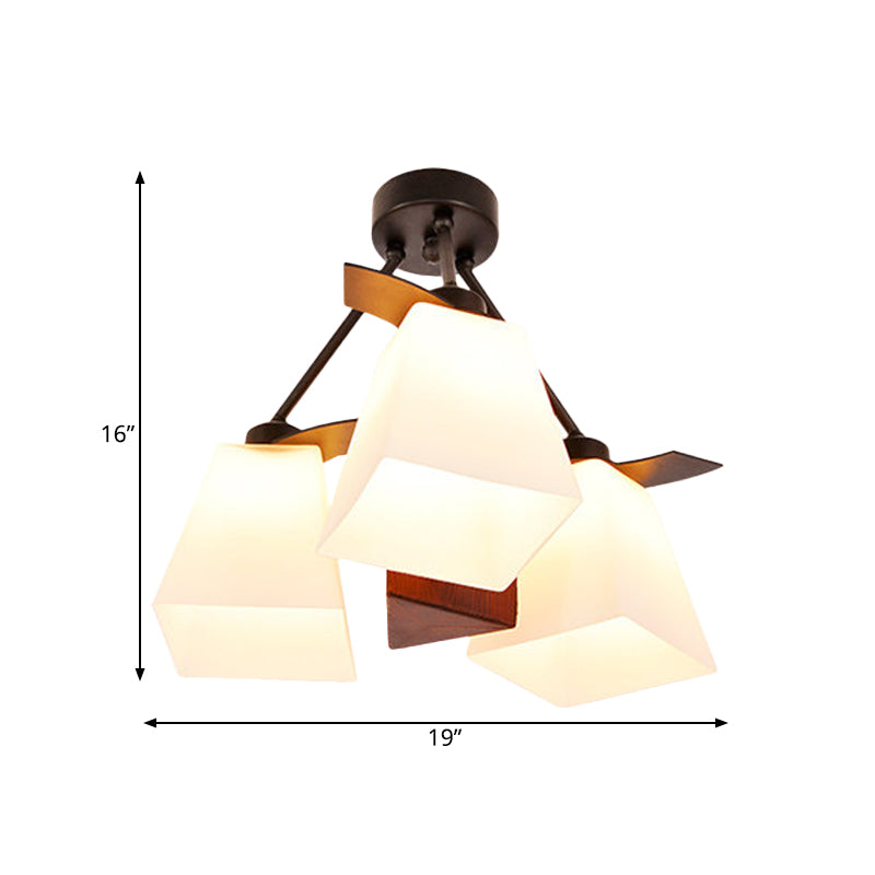 Traditional Trapezoid Semi Flush 3/5 Lights White Glass Ceiling Lamp with Wood Cylinder Shade