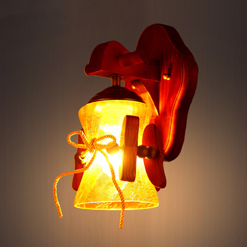 Brown 1 Bulb Wall Mount Light Rural Yellow Water Glass Flared Wall Sconce Lighting with Wood Backplate