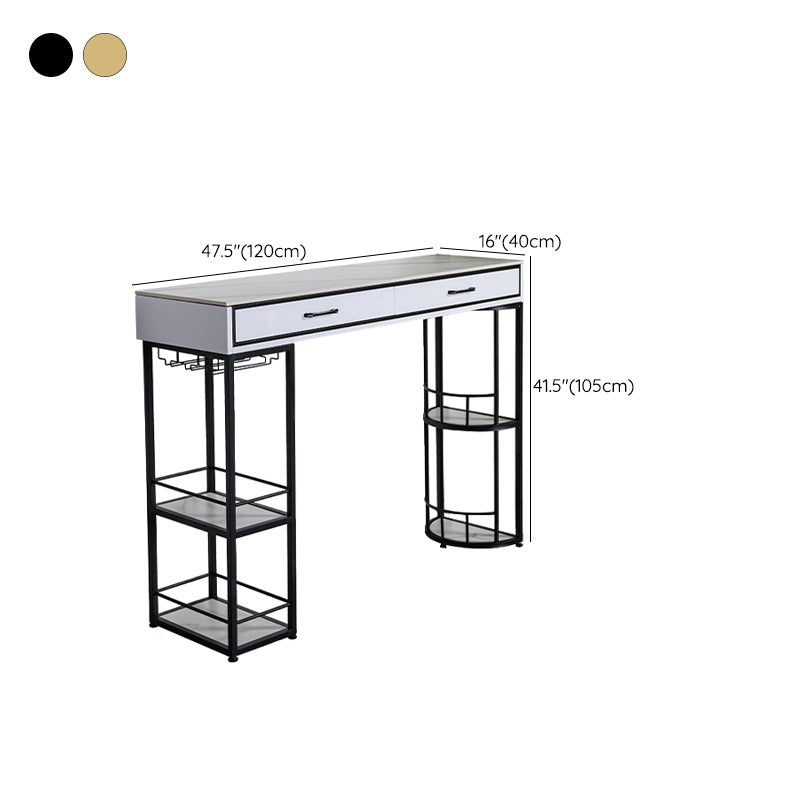 Stone Rectangle Bar Table Metal Base with Drawers for Living Room