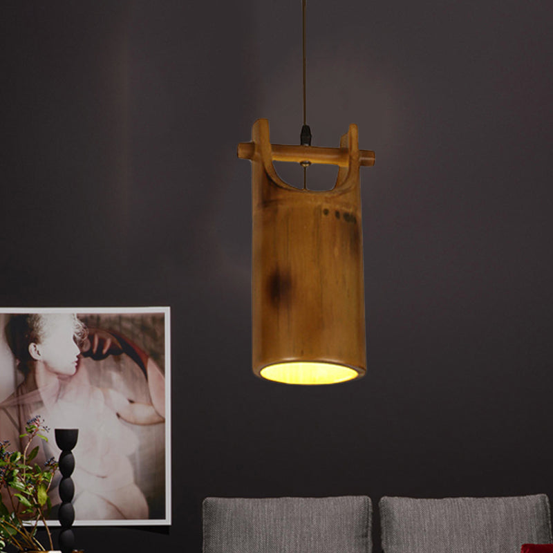 1 Light Hanging Pendant Light Farm Dining Room Ceiling Lamp with Barrel Bamboo Shade in Brown