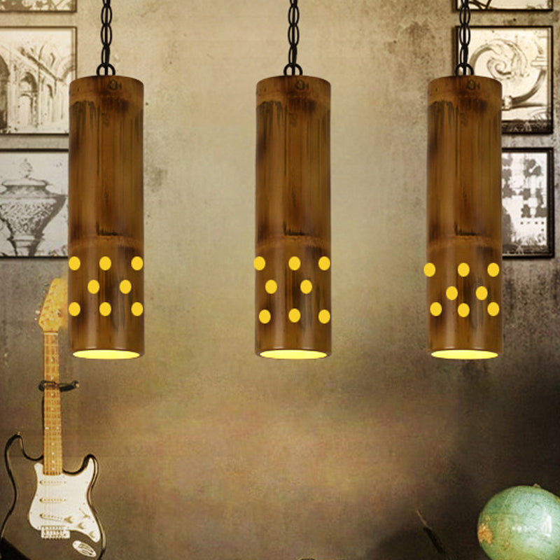 Bamboo Etched Tubular Hanging Light Kit Warehouse 1 Light Dining Room Ceiling Pendant in Brown