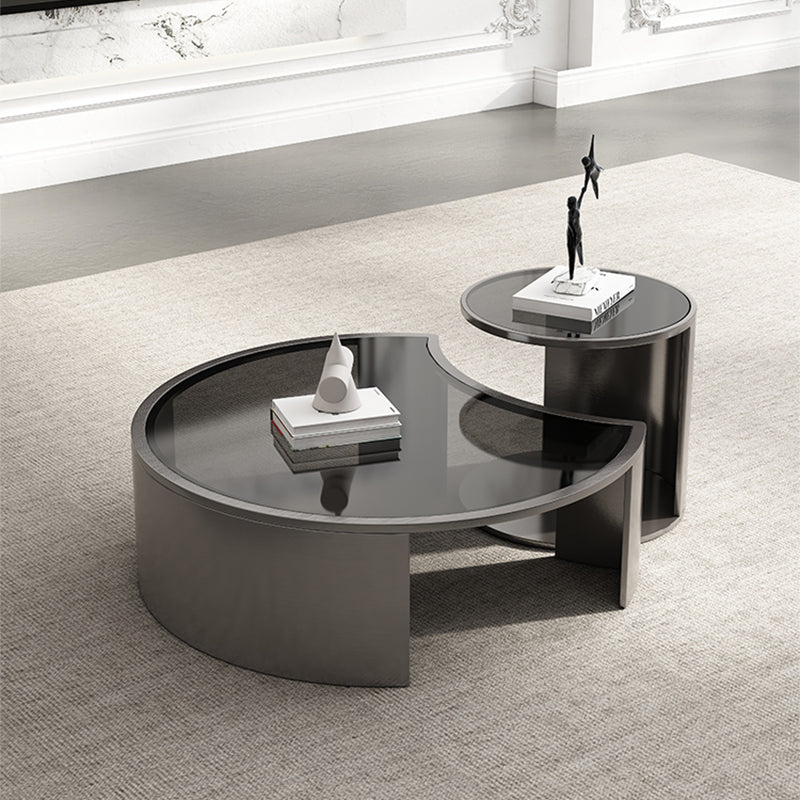 Glass Top Coffee Table Round Nesting Coffee Table Set with Grey Legs