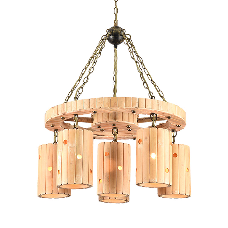 Beige Etched Cylinder Hanging Chandelier Farmhouse Bamboo 6 Lights Restaurant Suspension Light with Wheel Design