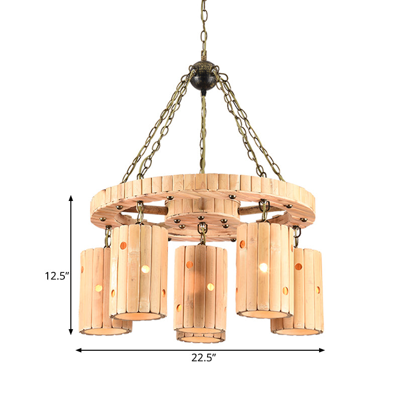 Beige Etched Cylinder Hanging Chandelier Farmhouse Bamboo 6 Lights Restaurant Suspension Light with Wheel Design