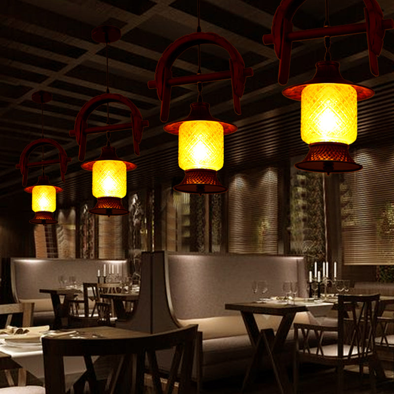 Factory Cylinder Hanging Lamp 1 Light Yellow Grid Glass Pendant Light Fixture in Copper with Wood Curved Frame